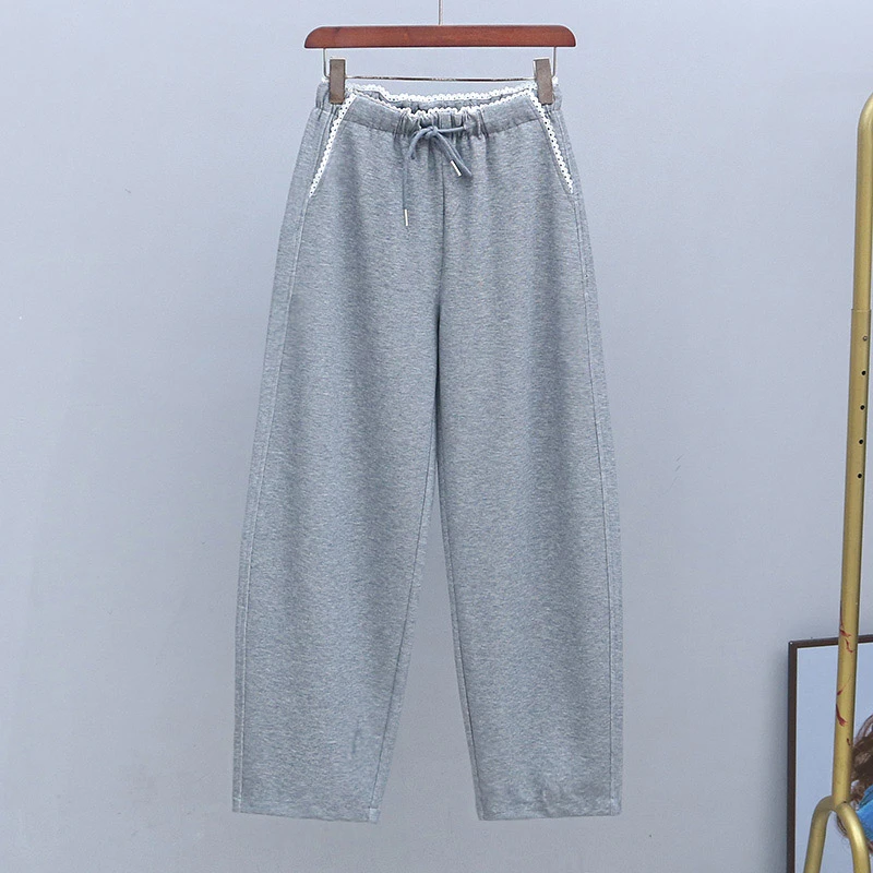 春秋灰色潮流花边松紧腰镰刀裤2025年新款宽松香蕉裤显瘦休闲裤女