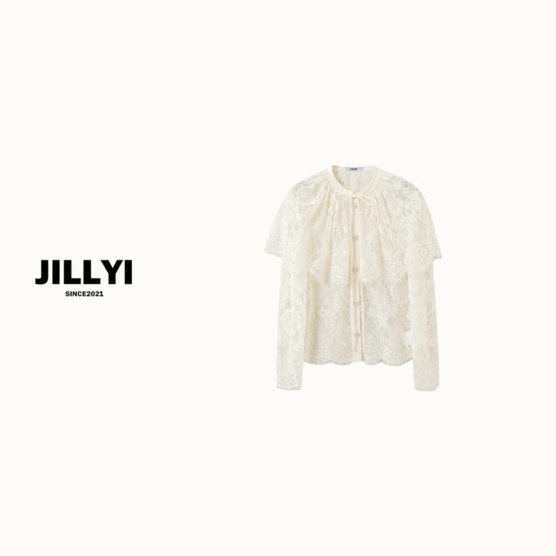 JILLYI【蕾丝公主】白色领口绑带网纱工艺重工气质时尚衬衫
