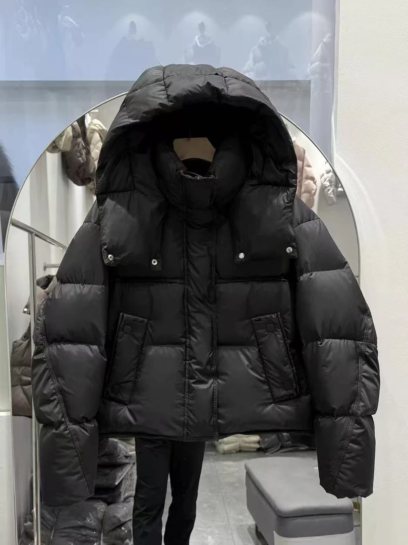 冬新款羽绒服女短款连帽加厚泡芙拼接皮保暖外套12203