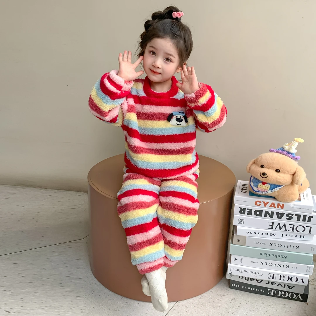 儿童睡衣法兰绒秋冬款女孩2025新款女童冬季珊瑚绒宝宝家居服套装