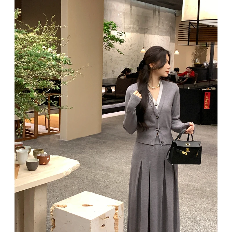 特价/波特小姐  撞色假两件显瘦高级感针织套装女