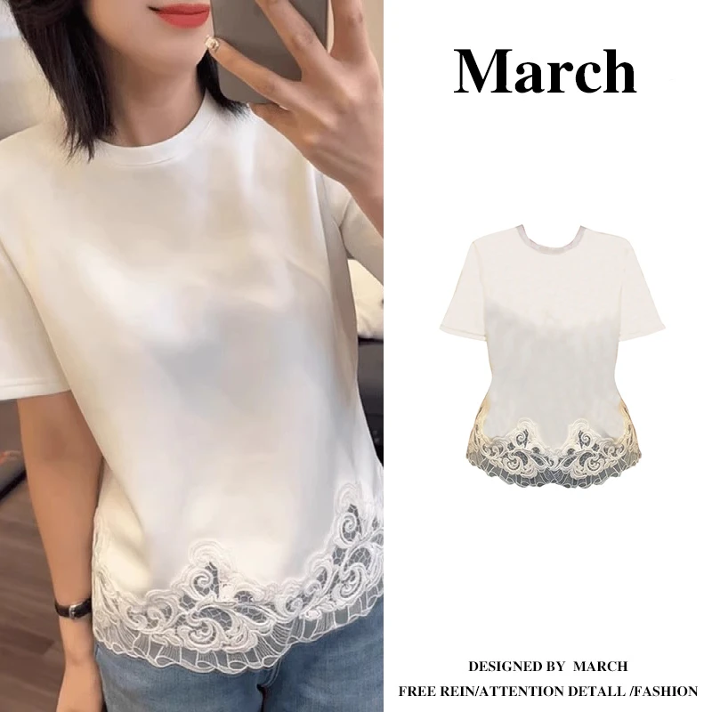 法式蕾丝花边正肩短袖T恤女夏季大码胖mm遮肚子独特白色上衣11501