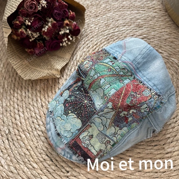 【Moi et mon】新款小众蓝色时尚休闲复古印花扎染牛仔贝雷帽