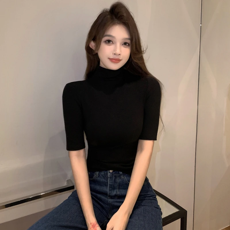 螺纹黑色半高领中袖t恤女春夏新款修身中领上衣螺纹五分袖打底衫