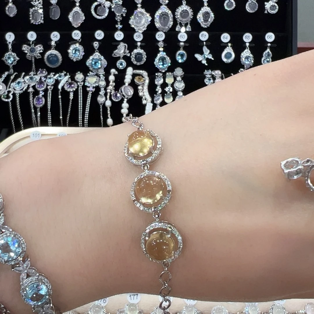 黄晶手链银S925镶嵌一***酒黄水晶