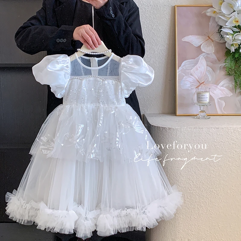 【本妈】2025夏”月光琉璃”女童泡泡袖亮片网纱公主连衣裙11106