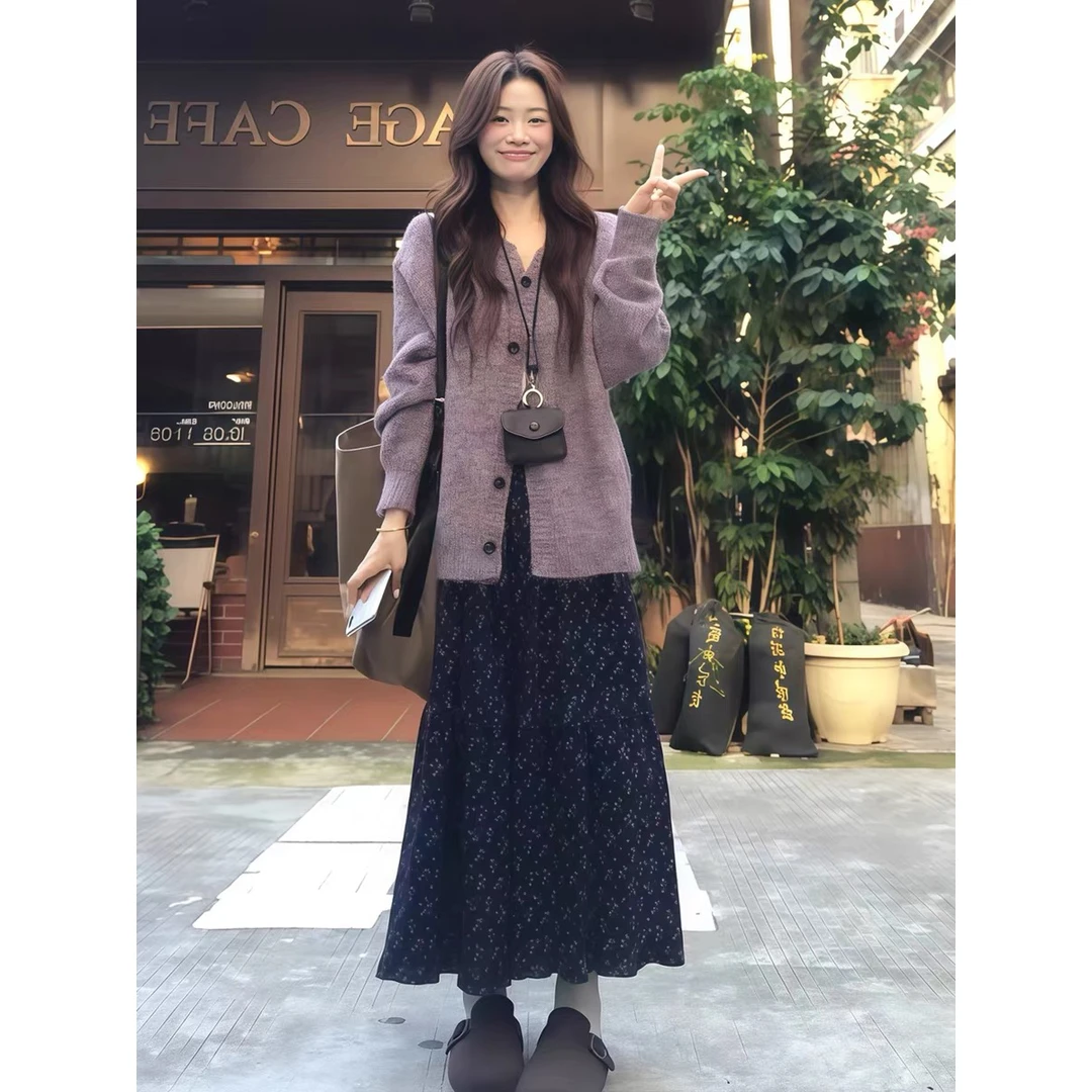 复古紫色中长款针织开衫软糯毛衣慵懒高级感外套女秋冬季新款上衣