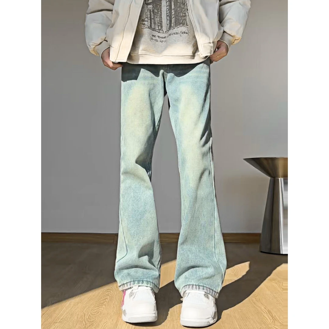 美式复古蓝微喇牛仔裤男款秋冬季高街vibe直筒裤子修身弯刀长裤