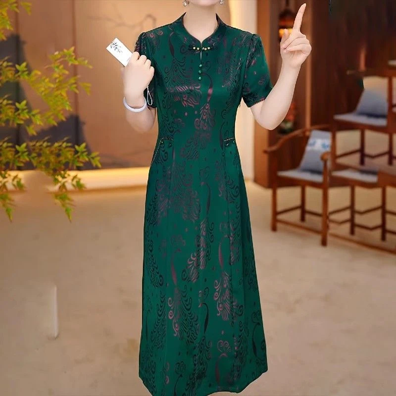 高档中式薄款连衣裙妈妈2025夏季新款简约气质旗袍礼服裙子新款