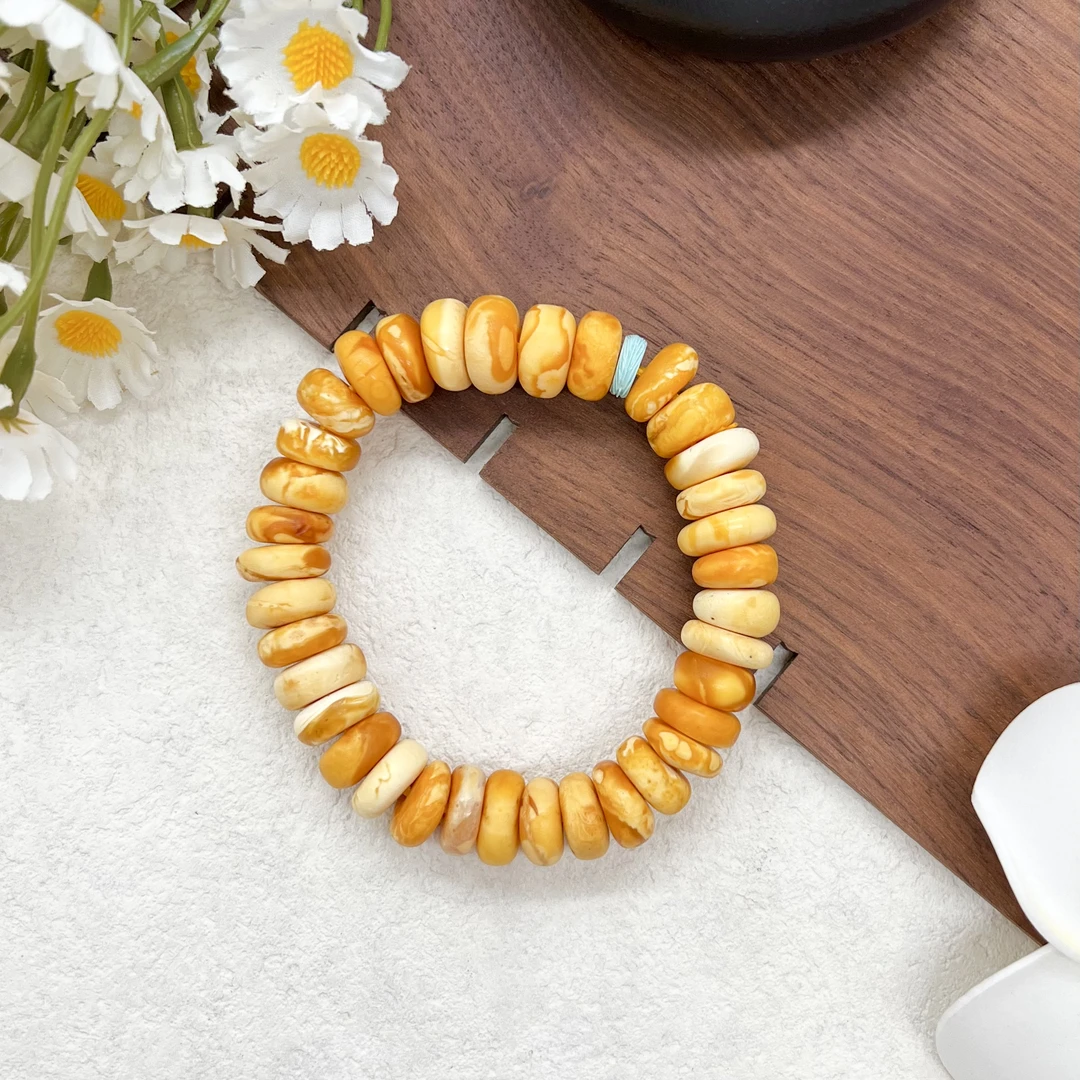 【润家原创】天然琥珀蜜蜡橘皮石膏蜡饼子时尚单圈（微杂）#6090