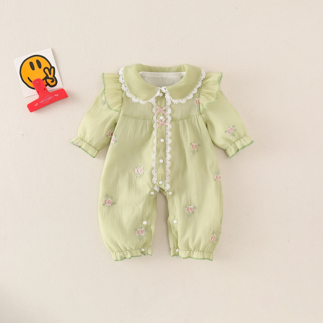 春秋婴幼儿新生儿宝宝薄款外出服中国风玫瑰刺绣洋气连体衣碎花