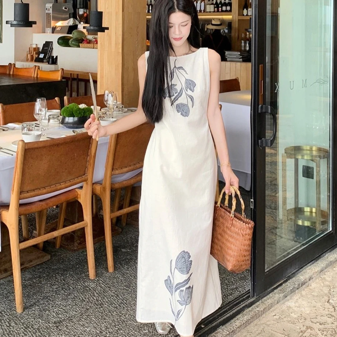 新中式亚麻复古印花白色气质圆领背心裙女夏季宽松休闲慵懒风裙子