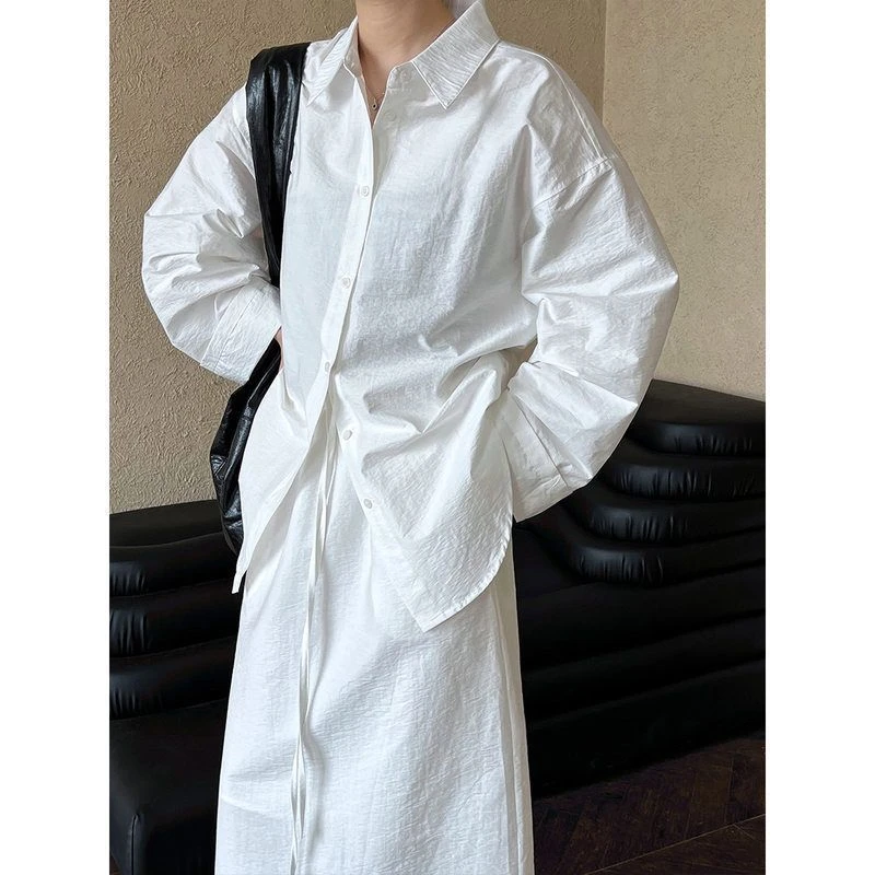 韩版慵懒风松弛感衬衫女宽松长袖衬衫+高腰半裙两件套装