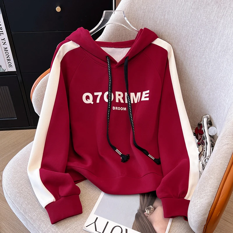 时尚减龄宽松遮肉连帽卫衣女士春秋季设计感百搭字母印花拼色上衣