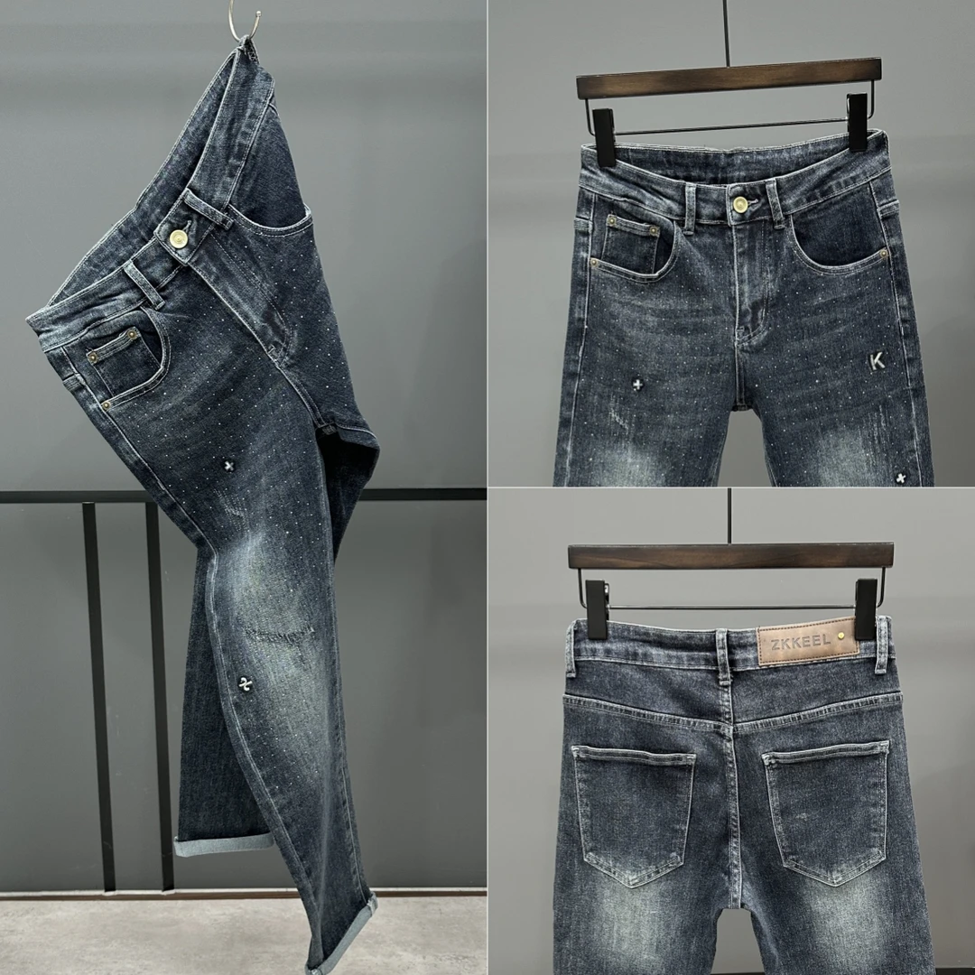2025春季潮牌时尚蓝灰烫钻牛仔裤男高端水洗弹力修身小脚休闲长裤