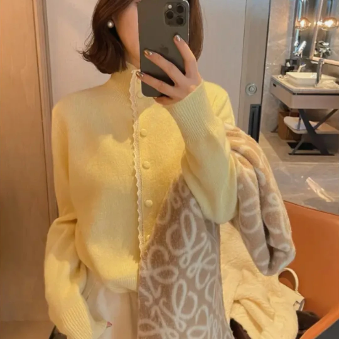 【温柔小优雅立领蕾丝毛衣】301g翻领减龄针织开衫YY-80069