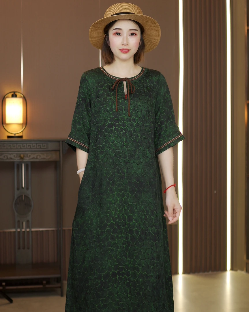 【阑珊】新中式国风显瘦中长款夏日清爽气质圆领连衣裙