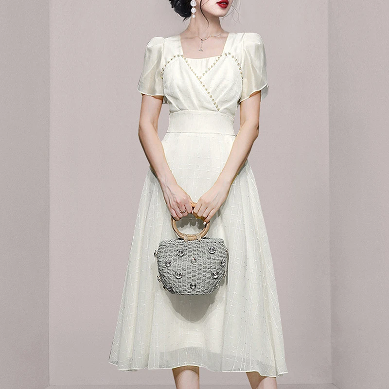欧美跨境女装2022法式新款白色方领泡泡袖珠收腰蕾丝气质连衣裙