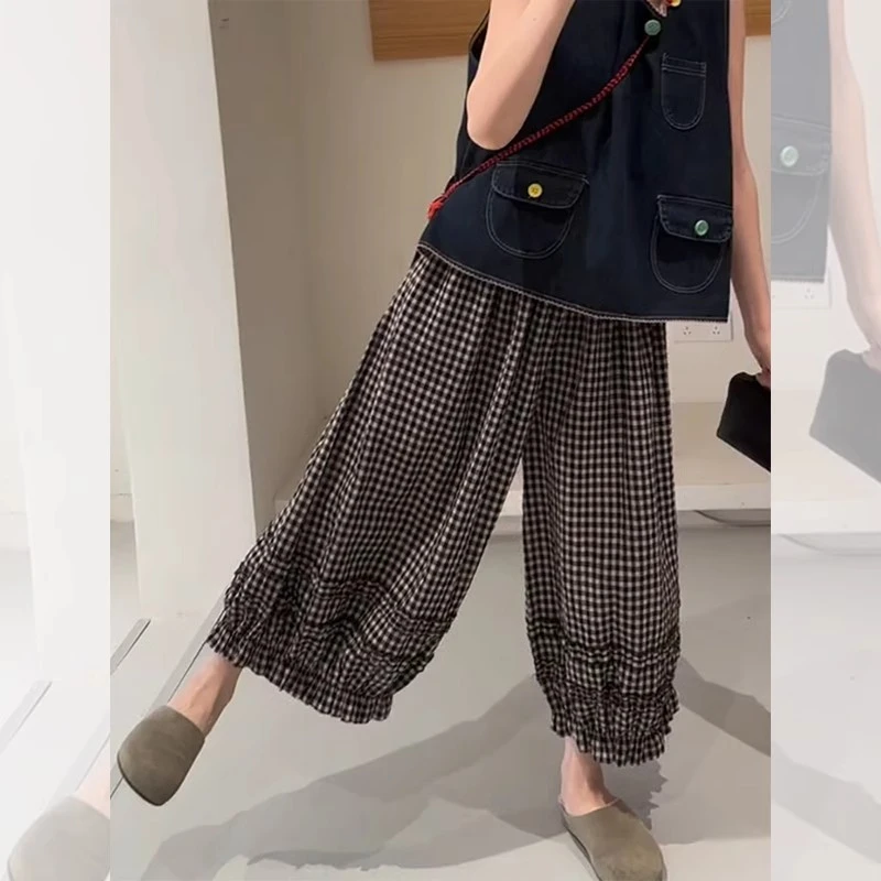 格子阔腿裤女士夏季薄款复古松紧高腰拼接花边宽松显瘦休闲九分裤