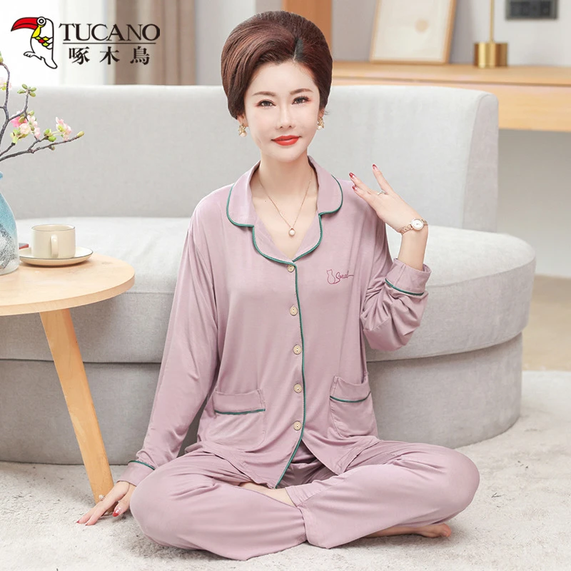 啄木鸟春秋款女士冰丝2025新款夏季莫代尔睡衣长袖加大码薄款家居