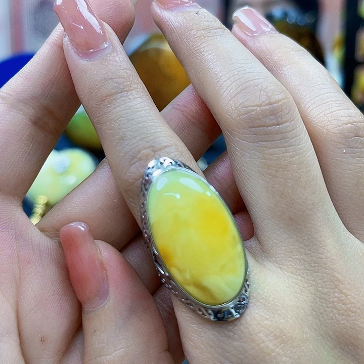 琥珀银S925镶嵌颈饰戒指
