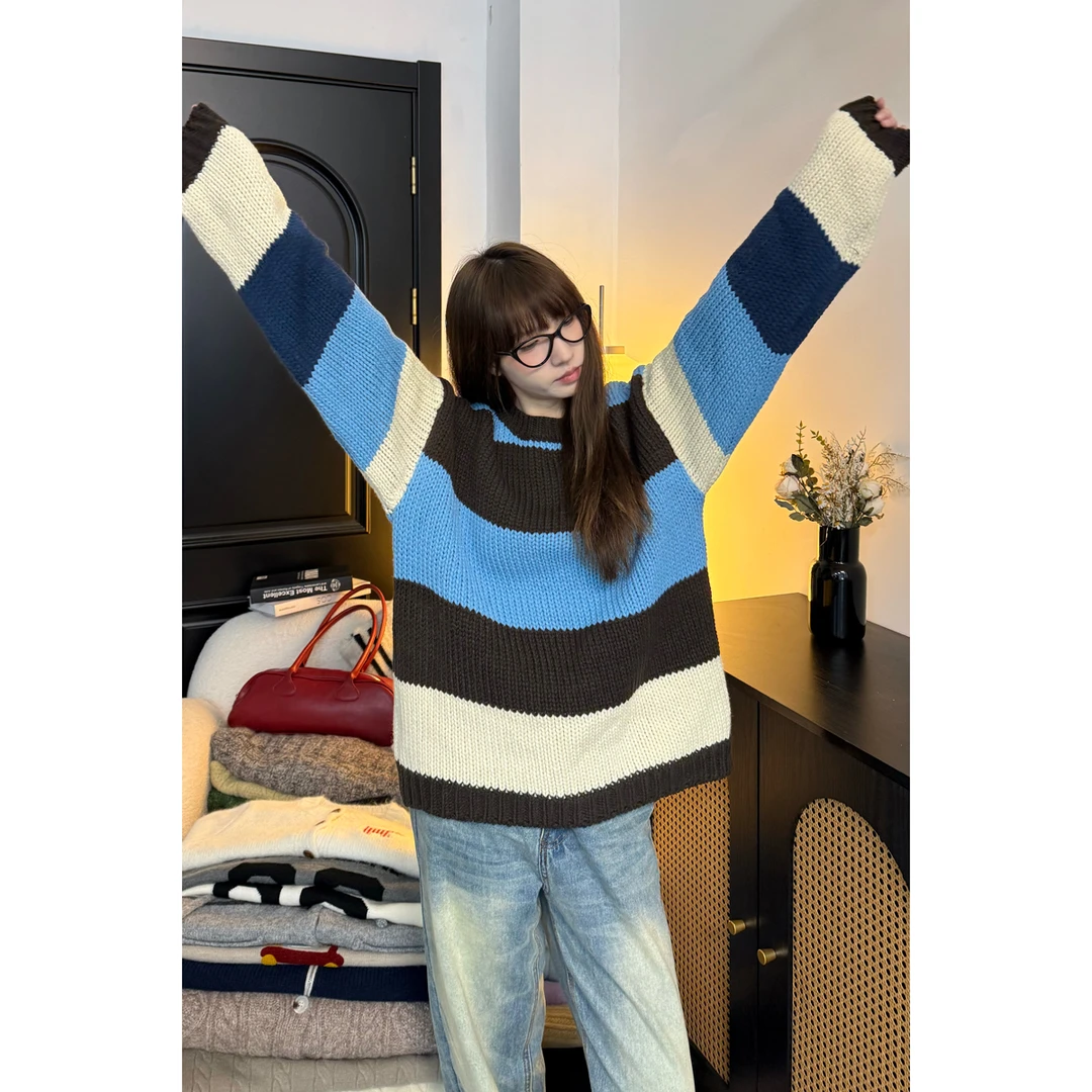 【清苍】韩系秋冬女复古百搭慵懒风拼色设计感宽松圆领条纹针织毛衣