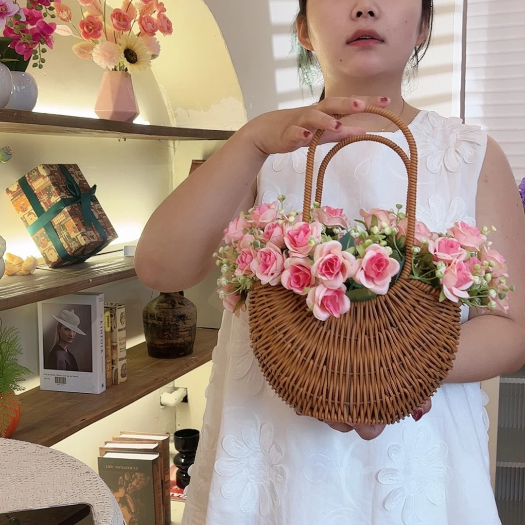 春玫瑰粉色2束➕草编提手花篮一套