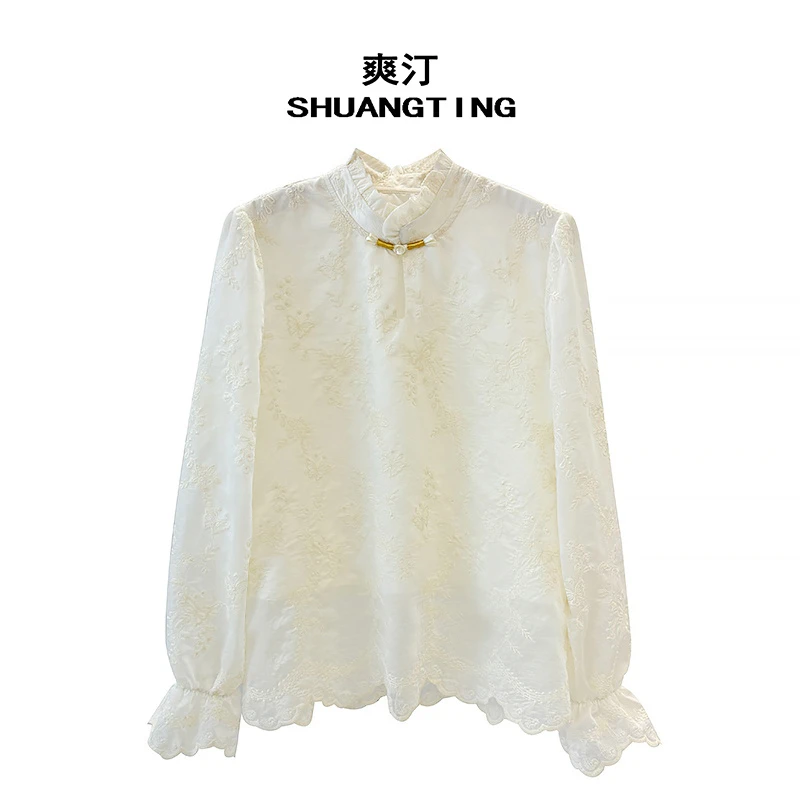 Jokara/丘可儿【苒苒】中式立领木耳边衬衫气质盘扣绣花国风上衣春