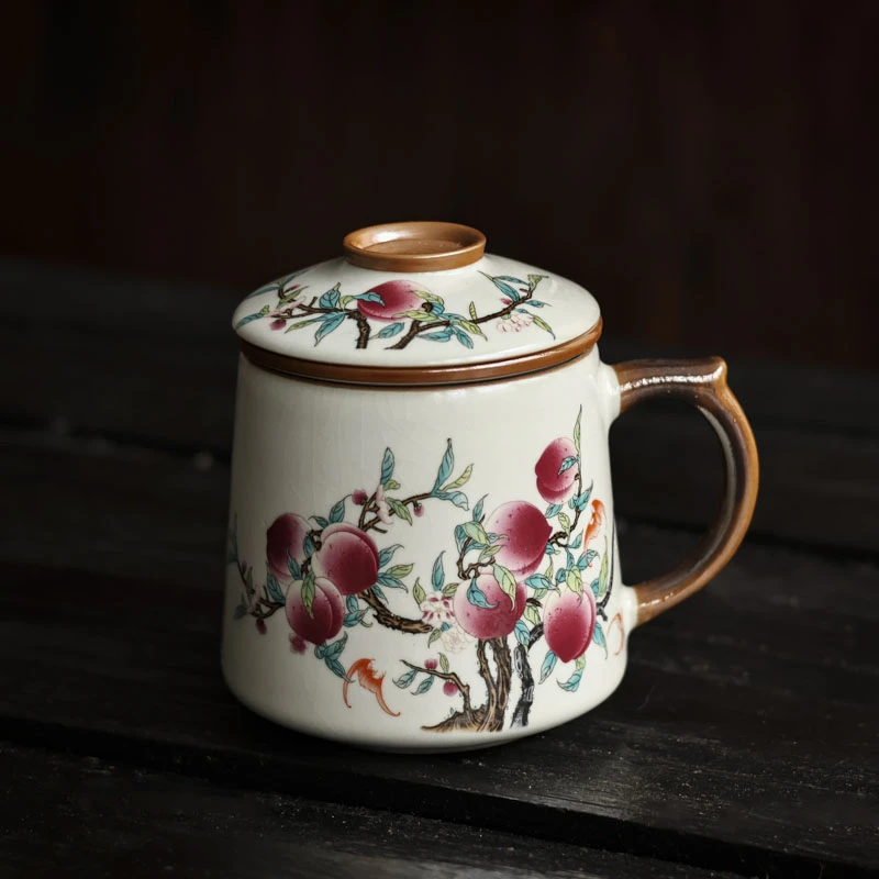 阿茶 米黄汝窑陶瓷九桃五福茶水分离杯-400ml（Q5129）