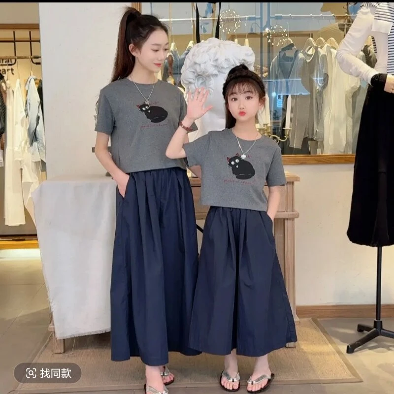 夏季新款亲子装时尚卡通印花短袖阔腿裤套装女童洋气百夏装