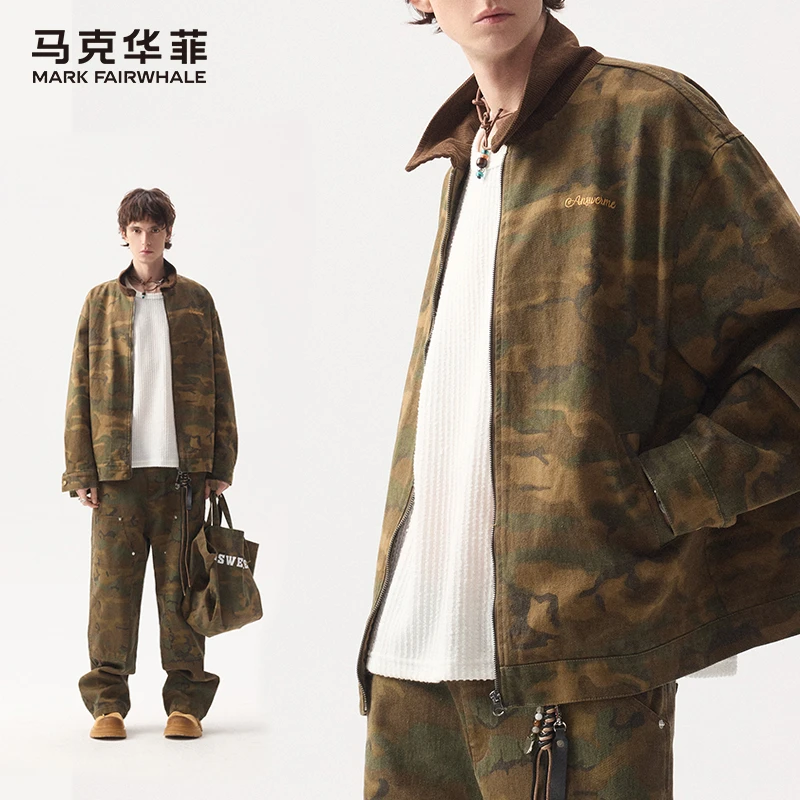 马克华菲美式复古迷彩撞色拼接翻领飞行夹克秋冬季底特律工装外套