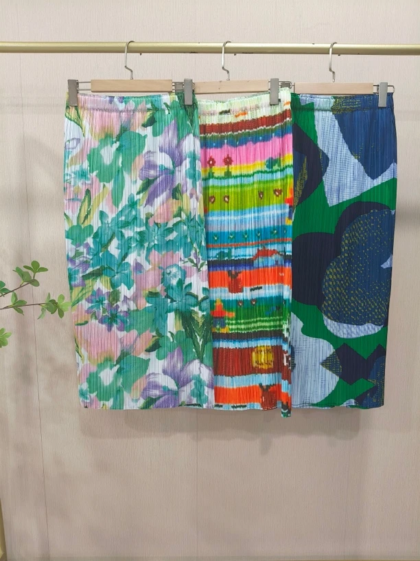 【Hua】6831夏季新款洋气百搭松紧腰撞色印花宅家开叉褶皱半身裙