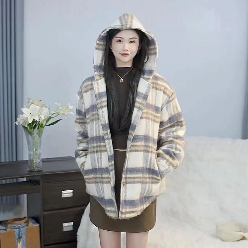 2025秋冬新款小香风外套男装爆款高级感情侣加厚保暖毛呢格子夹克