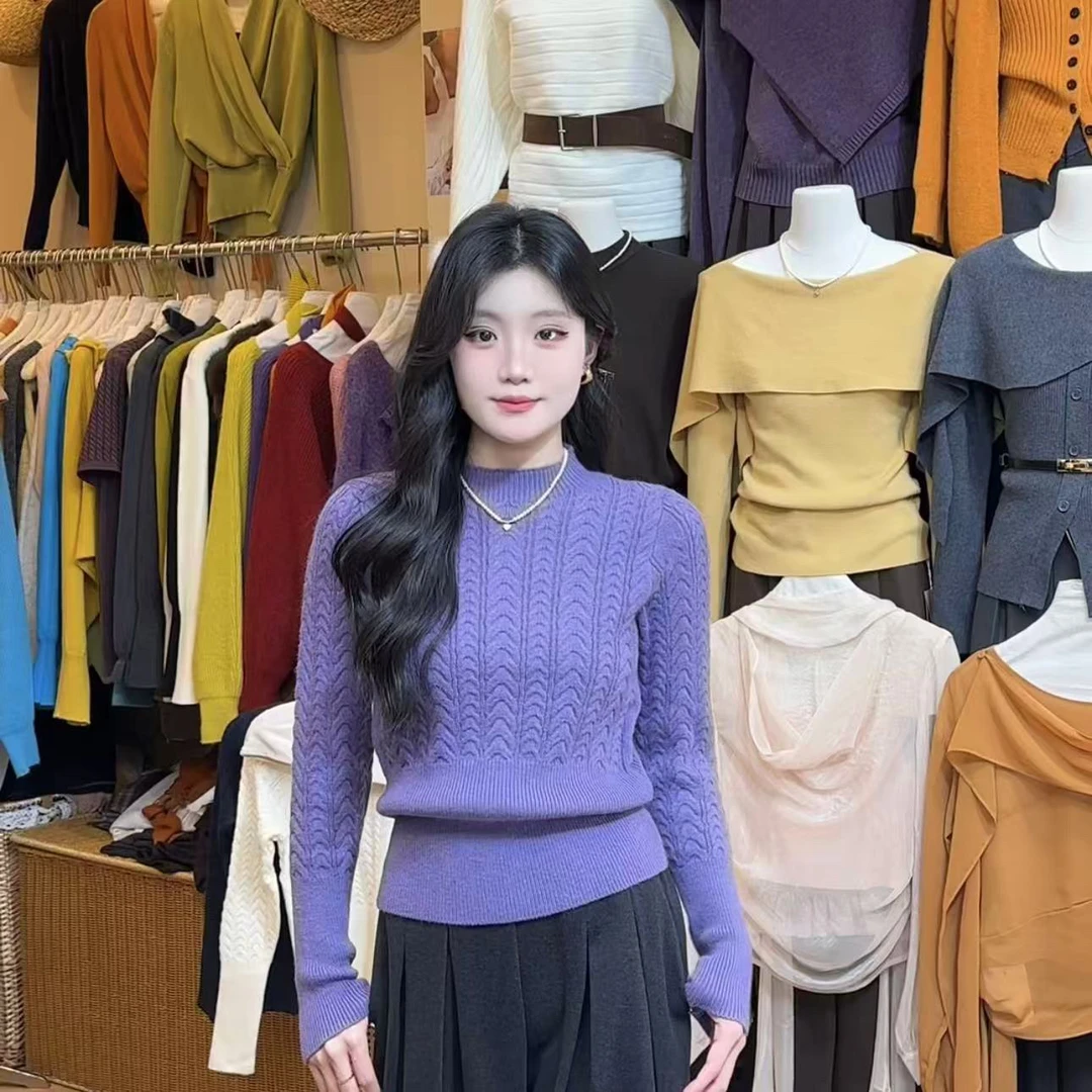 韩系时尚麻花百搭圆领针织衫毛衣女简约休闲长袖修身显瘦气质上衣