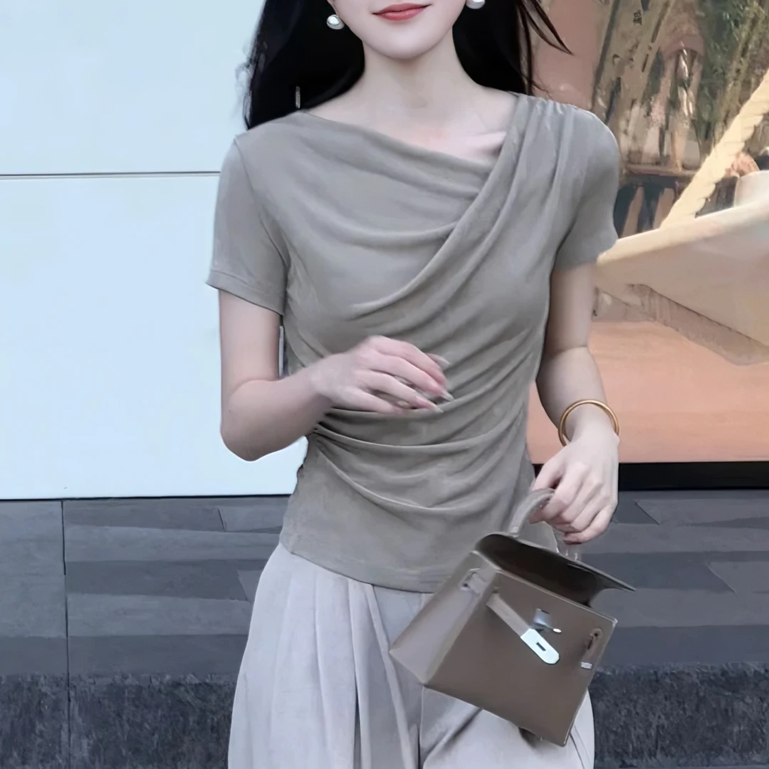 法式慵懒斜领褶皱短袖T袖女2025夏季百搭新款修身显瘦设计感上衣
