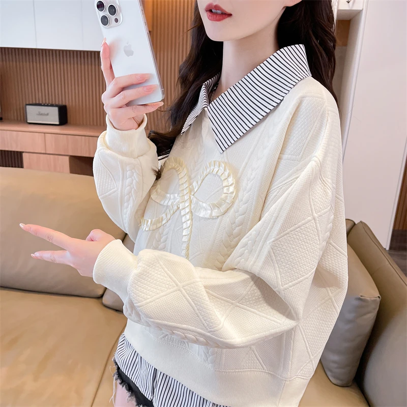 蝴蝶结刺绣polo领卫衣女2025新款春秋韩版宽松薄款假两件上衣外套