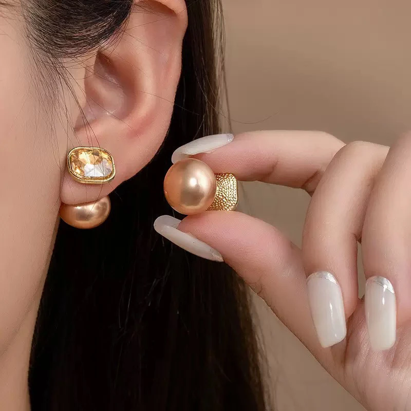 铜合金琉璃耳饰 两戴式方糖珍珠耳钉轻奢高级感耳环2025新款耳饰