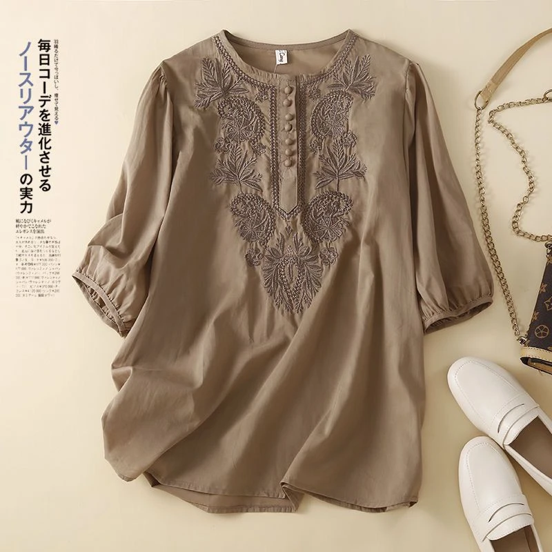 【退换包邮】夏宽松显瘦圆领T恤女文艺纯色刺绣棉麻上衣Y918