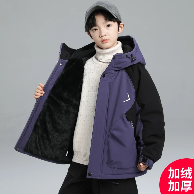 男童冬装加绒外套2025新款儿童秋冬季加厚派克服中大童男孩棉衣潮
