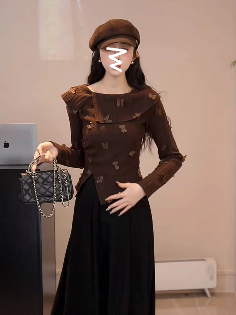 纯欲千金风蝴蝶结长袖开叉针织衫秋季新款气质修身收腰内搭上衣女