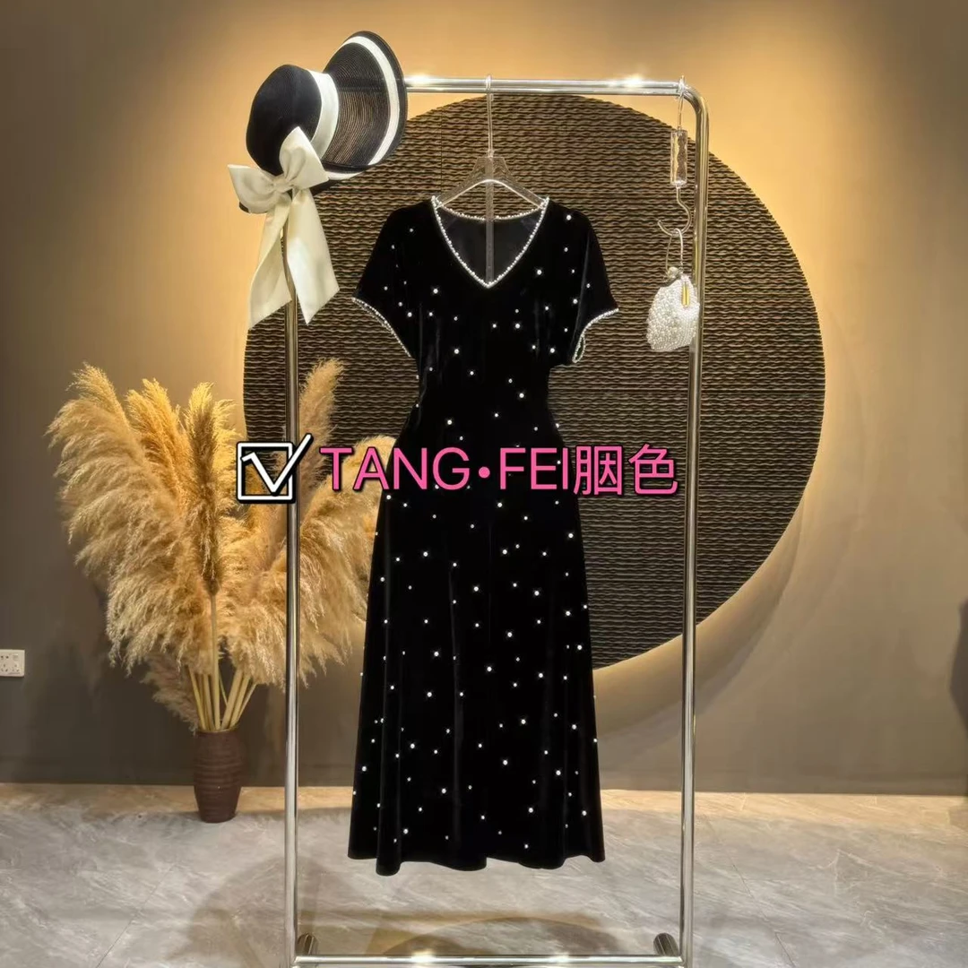 TANG-FEI胭色【今夕何夕】TF0050 重工珍珠短袖长款黑色连衣裙