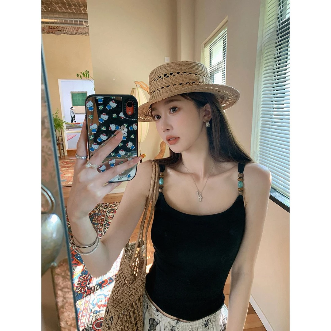 小众串珠吊带背心外穿女夏季2025新款海边度假辣妹细肩带无袖上衣