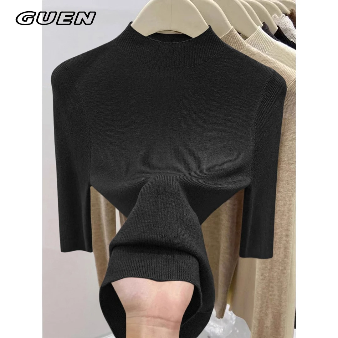 GUEN秋季2025新款修身黑色半高领秋季舒适穿着千金风针织衫上衣