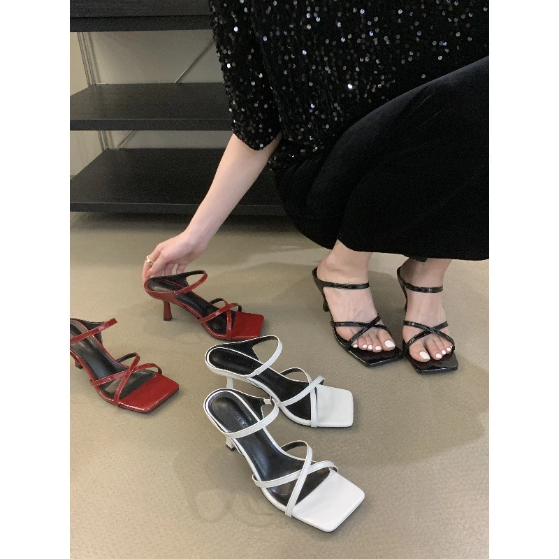 仙女风小众复古法式时尚百搭夏季粗跟中跟方头凉鞋闪咖2025夏季韩