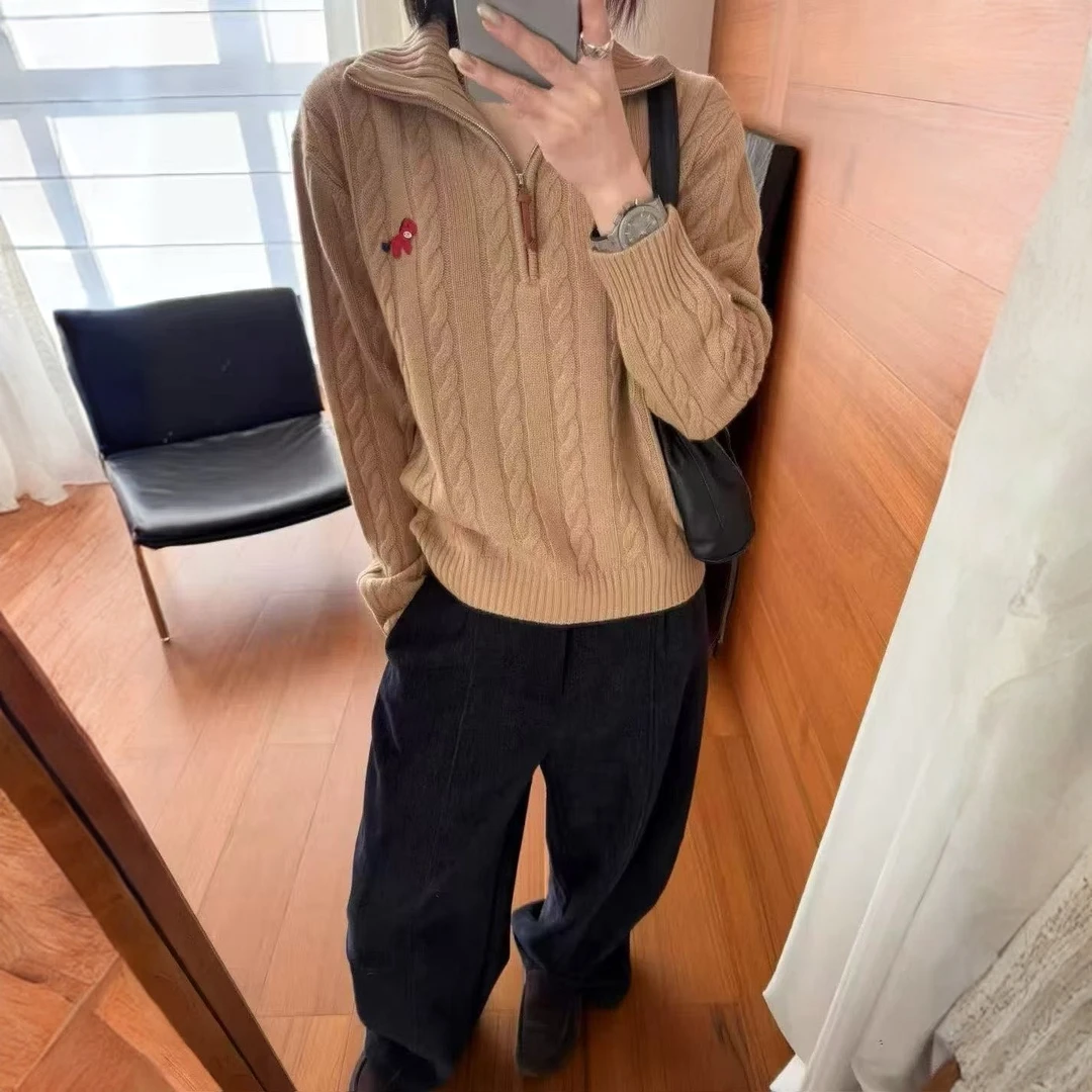 欧洲站2025冬季新款半拉链麻花刺绣小马休闲百搭修身针织衫上衣