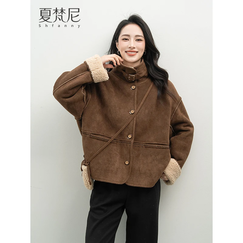 夏梵尼雾凇针迹冬季小个子仿皮毛一体外套百搭洋气高级感毛毛外衣