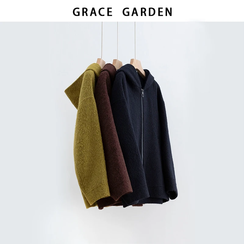 GRACE GARDEN【苏力绒！】连帽拉链休闲呢大衣MF5I1202