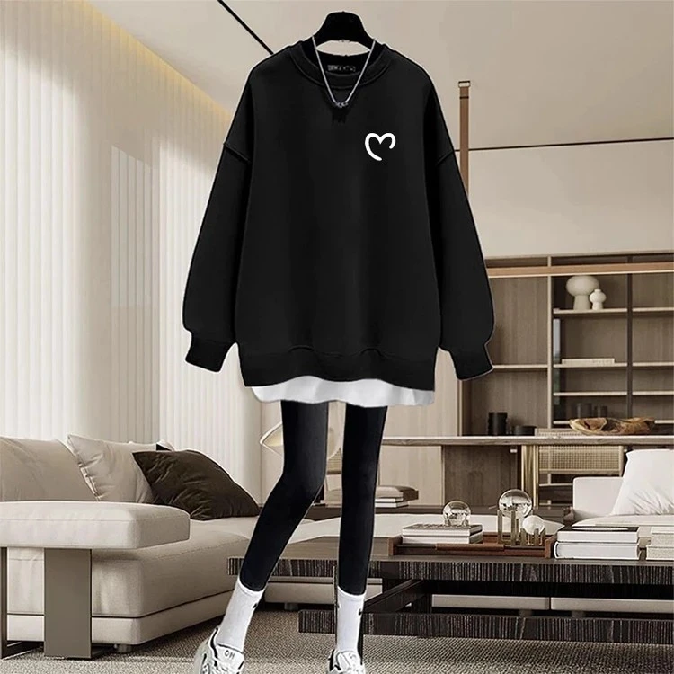 假两件圆领卫衣女2026秋冬新款中长款盖遮屁股加绒加厚拼接上衣