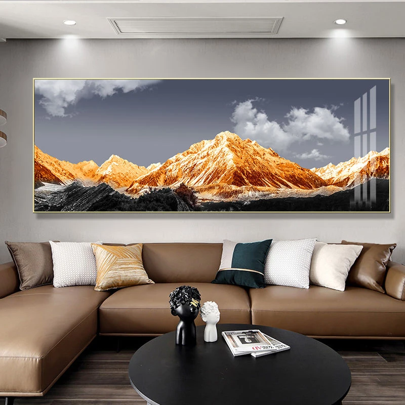 背靠金山客厅沙发背景墙挂画横款仿手绘现代轻奢手工晶瓷客厅挂画