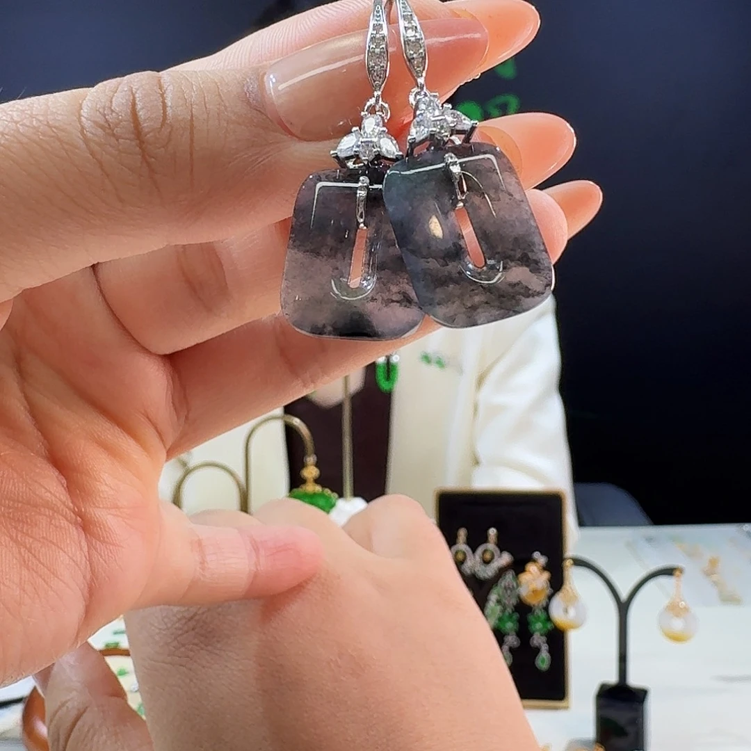 翡翠银S925镶嵌耳饰925镶嵌